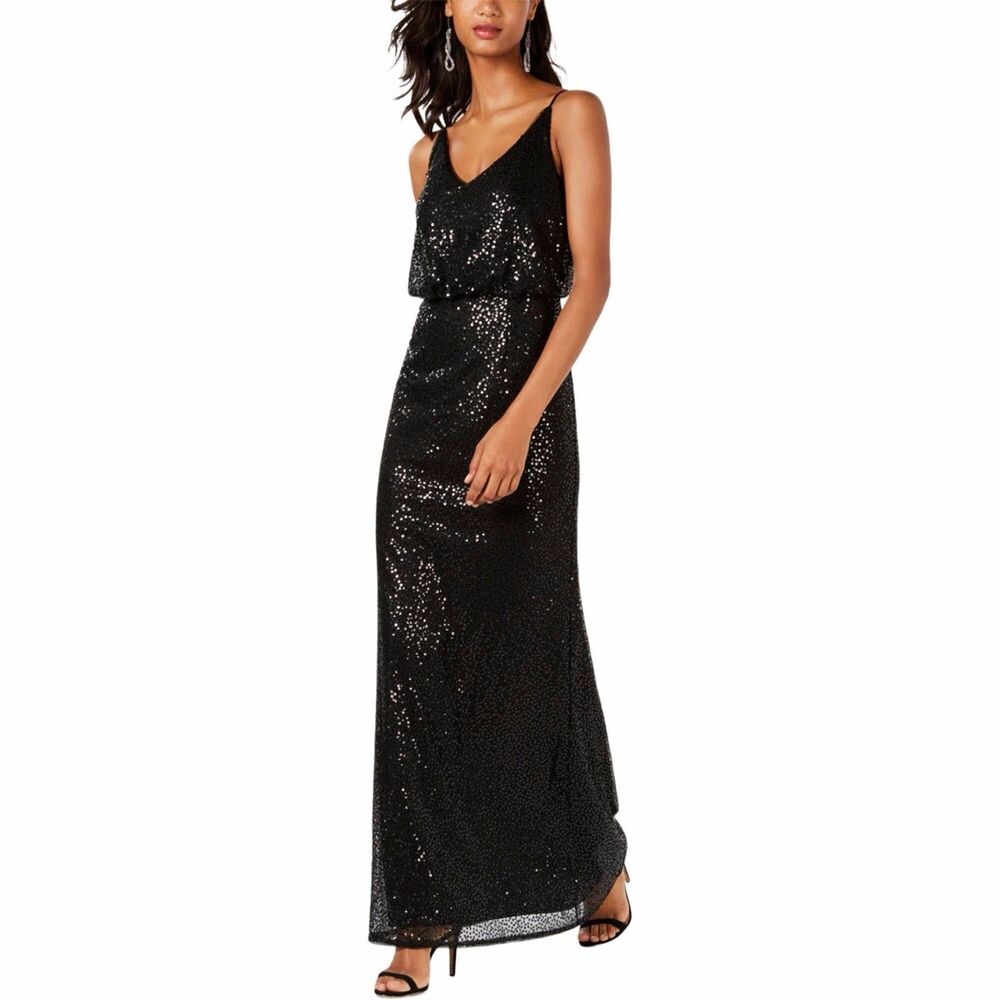 Adrianna Papell Womens New Black Sequined Blouson Long Gown Dress 6